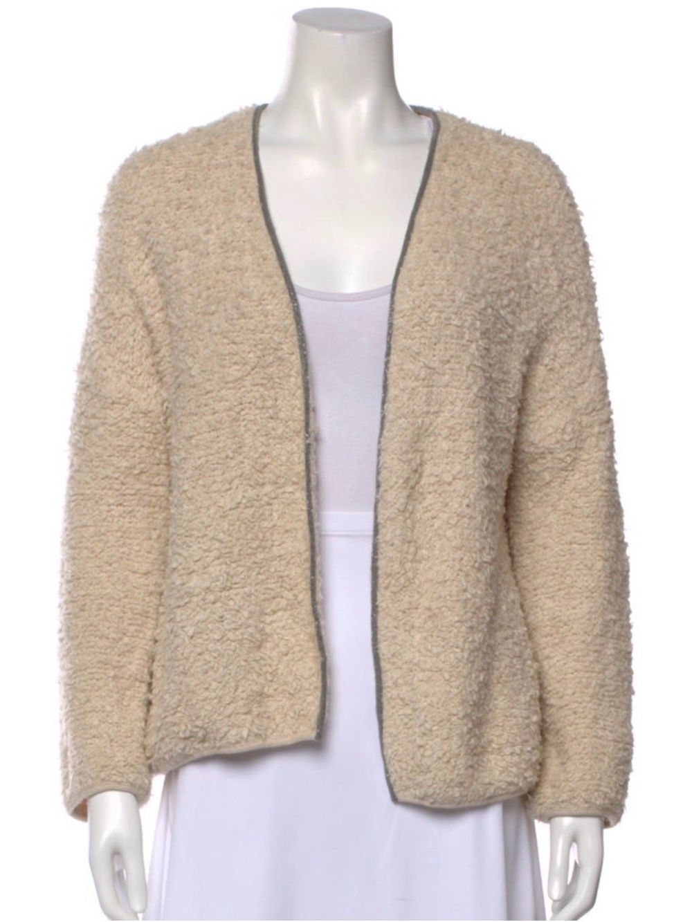 Brunello Cucinelli Cream Bouclé Open Cardigan with Silver Trim